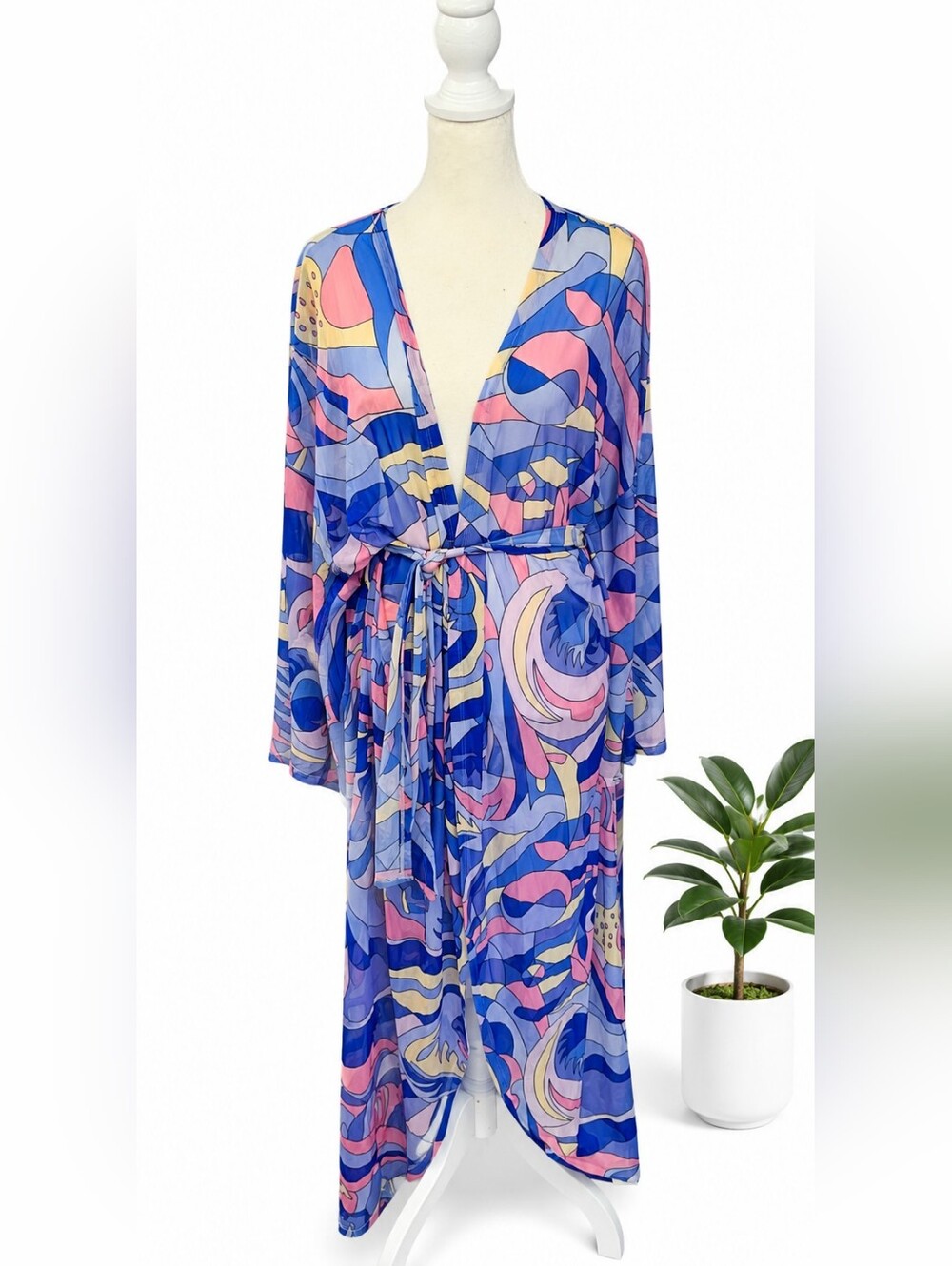 Sheer Printed Tie-Waist Robe - Blue & Pink